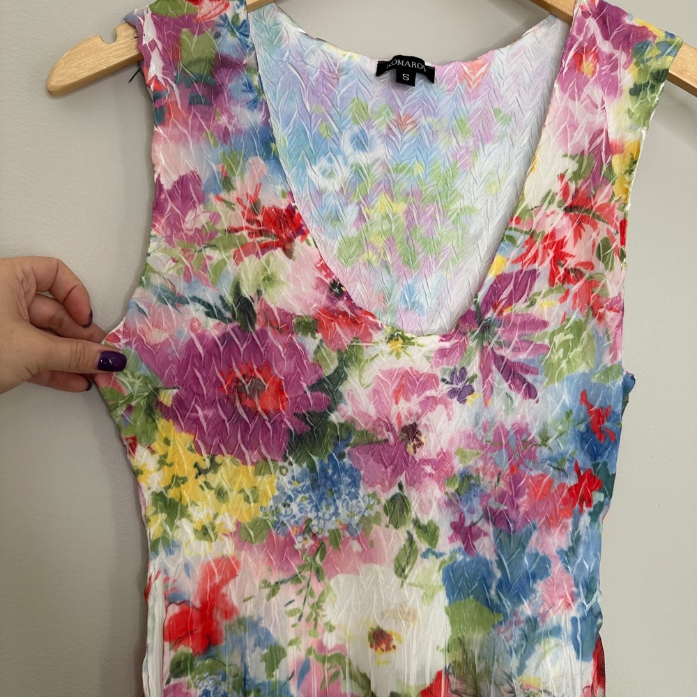 Komarov Floral Dress Watercolor Crinkle‎ Print Sleeveless Tiered Midi Women's S - Picture 2 of 10